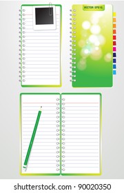 Set of green notebook with green bokeh abstract light cover ready for use. Vector template for design work