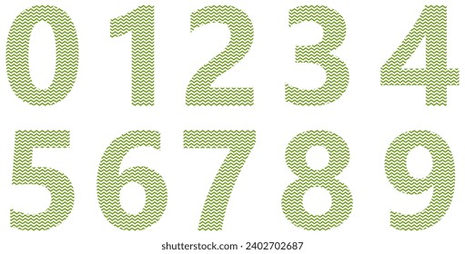 Set of green numbers isolated on white. Alphabet with numbers. Vector graphic elements for design. Zigzag lines, wavy lines