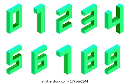 Set of green numbers in isometric style. Isolated on white background