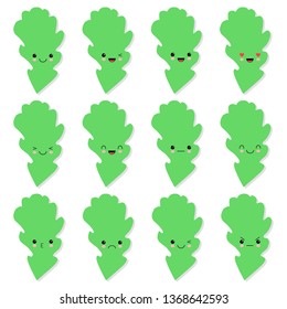 Set Green Oak Cute Emotion Leaf. Silhouette on White Background. Vector