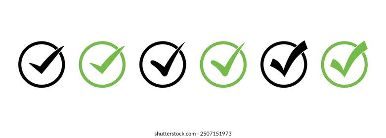 Set of Green ok, accept or yes buttons icon collection. Checked icon or correct symbol. Vector Illustration. 