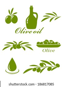 set of green olive design elements on white background