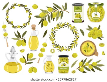 Set of green olives, branches and oil bottles, tinned snack. Olive berries and tree branches with leaves and wreaths on white background.