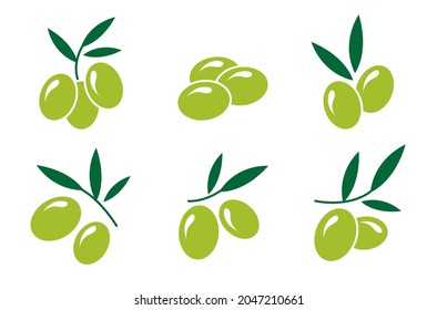 Set with green olives icons in a flat style. Vector illustration isolated on white background.