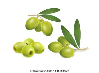 set of green olives on white background