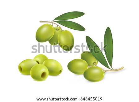 set of green olives on white background