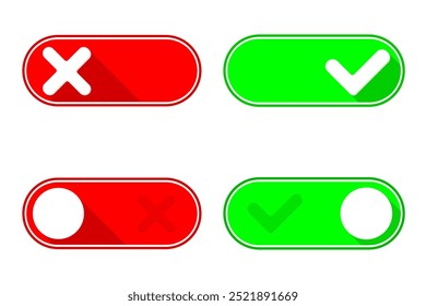 Set of Green On check mark and Red Off X mark toggle switch buttons icon symbol. Flat vector illustration