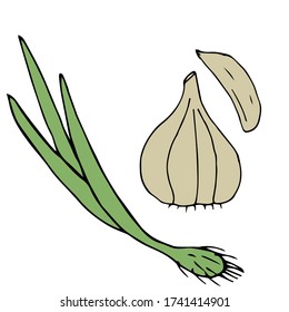 set of green onions and garlic