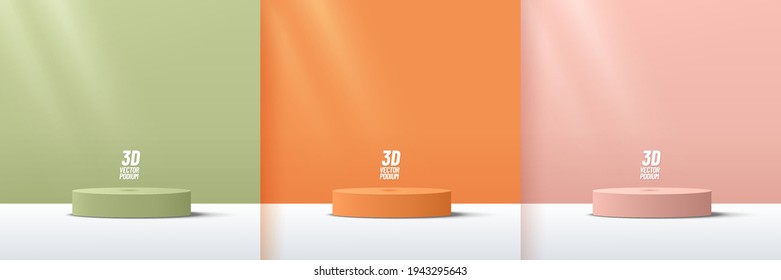 Set of green, orang, pink cylinder pedestal podium display, Empty room background. Abstract modern vector rendering 3d shape for products display presentation. Pastel minimal wall scene, Studio room. - Shutterstock ID 1943295643