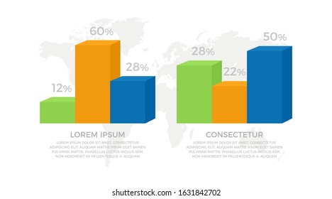 Set of green, orange, blue elements for infographic with world map presentation slides.