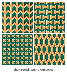Set of green orange optical illusion seamless patterns of moving arrows, bows, four pointed stars and grains shapes.