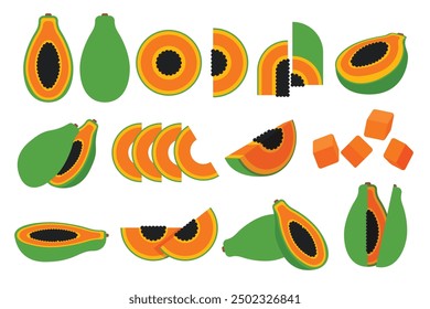 Set of Green Orange Papaya, Farm fresh Papaya product emblem for grocery shop, Slides, long and cross sections, and different positions, simple flat vector illustration of vegetables and fruits.