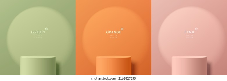 Set of green, orange, pink realistic 3D cylinder stand or podium with spotlight and shadow in round shape. Abstract minimal scene for mockup products display. Stage showcase. Vector geometric forms.