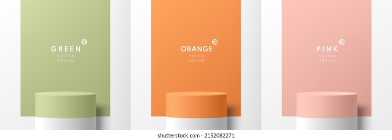 Set of green, orange, pink and white realistic 3D cylinder stand or podium with colorful rectangle scene. Abstract minimal scene for products showcase, Stage promotion display. Vector geometric forms.