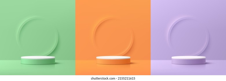 Set aus grünem, orangefarbenem, violettem, weißem Zylinderperlenpodest. Umzingeln Sie die Ringform mit der pastellfarbenen Szene. Abstrakte Vektorgrafik, die 3D-Form wiedergibt. Kosmetische Produktdarstellung. Minimale Wandszene.