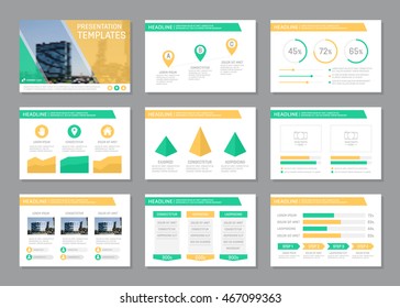 Set of green and orange template for multipurpose presentation slides. Leaflet, annual report, book cover design.