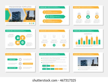 Set of green and orange template for multipurpose presentation slides. Leaflet, annual report, book cover design.