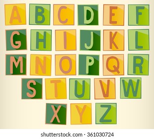 Set of green and orange uppercase  alphabet letters on square with frame