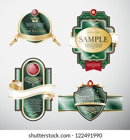 Set of green ornate labels with Gold and White Tapes. Grouped for easy editing. Perfect for labels or stickers for wine, beer, champagne, cognac, cologne and etc.