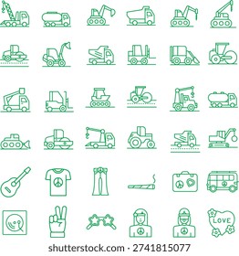 Set of green outlined icons depicting heavy machinery and peace signs on transparent background