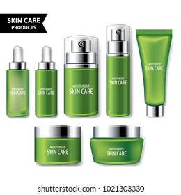 Set green packages for face and body cosmetic. lotion, serum, oil, tube, shampoo, cream bottles vector illustration