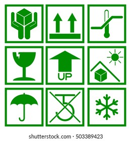 Set of green packaging symbol (side up, handle with care, fragile, no hook, beware sunlight etc.) 