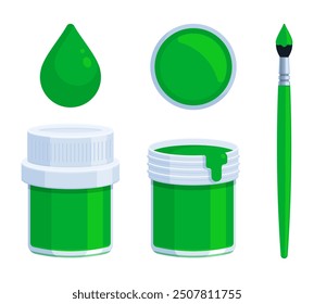 Set of green paint bottle with brush and paint drop. Flat vector illustration isolated on white background. Tempera, gouache, acrylic, and watercolor painting concepts. Perfect for creative projects