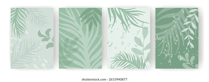 Set of green palm leaves posters. Tropical jungle style vertical background collection. Template for flyer, cover, booklet, post, card. Vector graphics