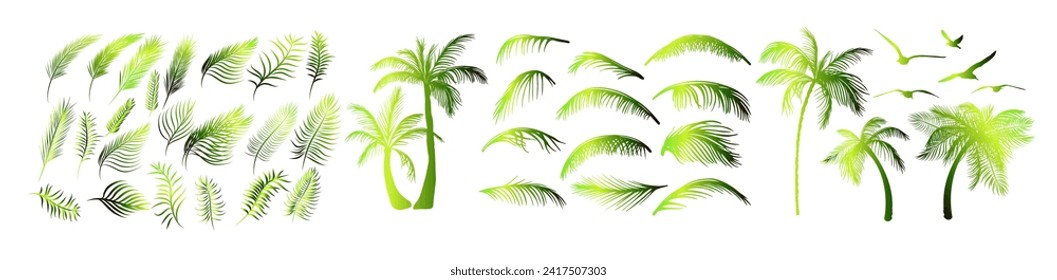 Set of green palm tree elements. hand drawing. Not AI. Vector illustration