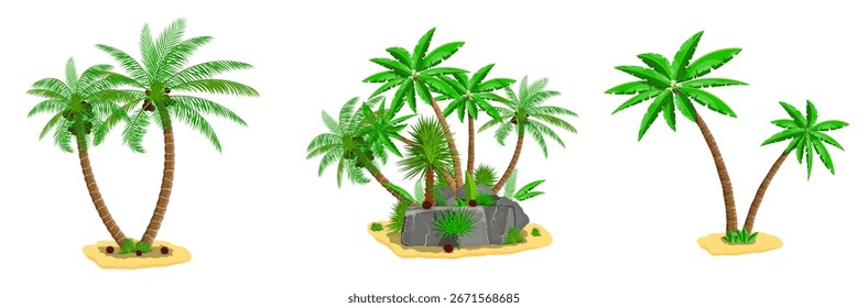 Conjunto de palmeras verdes de pie en la Pequeña isla de arena. Colección de árboles tropicales. Viaje de verano y concepto de vacaciones.