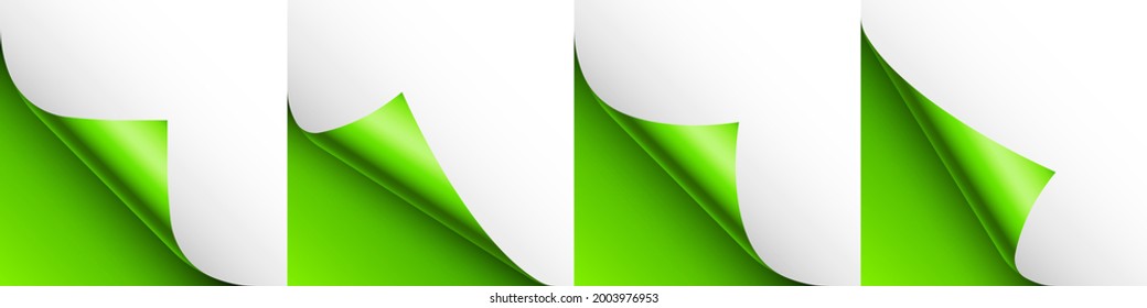 Set of green paper curls. Curled page corner with shadow. Blank sheet of paper. Colorful shiny foil. Design element for advertising and promotion. Vector illustration.
