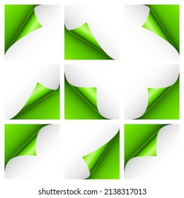 Set of green paper curls. Curled page corner with shadow. Blank sheet of paper. Colorful shiny foil. Design element for advertising and promotion. Vector illustration.
