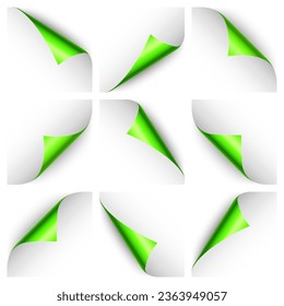 Set of green paper curls. Curled page corner with shadow. Blank sheet of paper. Colorful shiny foil. Design element for advertising and promotion. Vector illustration.