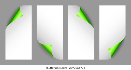 Set of green paper curls. Curled page corner with shadow. Blank sheet of paper. Colorful shiny foil. Design element for advertising and promotion. Vector illustration.