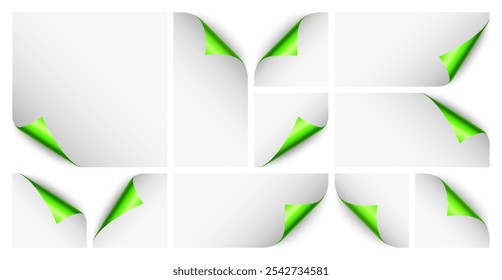 Set of green paper curls. Curled page corner with shadow. Blank sheet of paper. Colorful shiny foil. Design element for advertising and promotion. Vector illustration.