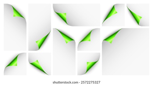 Set of green paper curls. Curled page corner with shadow. Blank sheet of paper. Colorful shiny foil. Design element for advertising and promotion. Vector illustration.