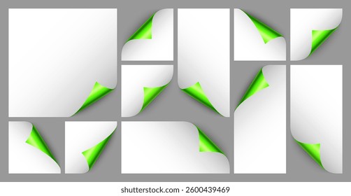 Set of green paper curls. Curled page corner with shadow. Blank sheet of paper. Colorful shiny foil. Design element for advertising and promotion. Vector illustration.