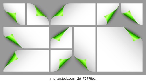 Conjunto de rolos de papel verde. Canto de página ondulado com sombra. Folha em branco. Folha brilhante colorida. Elemento de design para publicidade e promoção. Ilustração vetorial.