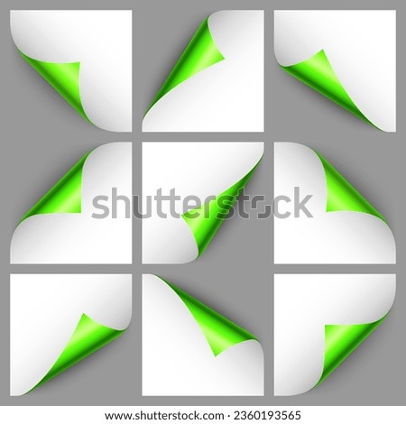 Set of green paper curls. Curled page corner with shadow. Blank sheet of paper. Colorful shiny foil. Design element for advertising and promotion. Vector illustration.