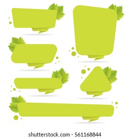 Set of green paper origami banners with leaves. Template for bio products, sales, web sites and labels. Place for text vector illustration.