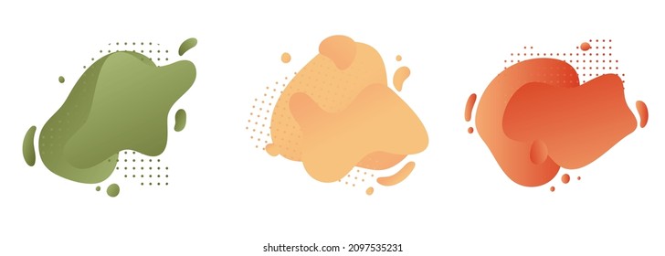 Set of green, peach and red abstract modern graphic elements. Gradient abstract banners with flowing liquid shapes. Dynamical colored forms. Template for the design of a logo, flyer or presentation