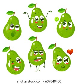 Set of green pear characters with different emotions. Vector illustration isolated on white background. Cartoon style. 