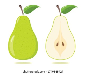 Set Green pear isolated on white background. Vector illustration. Cut green pear