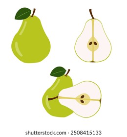 set of green pear, whole pears, sliced ​​pears in half, and a combination of both