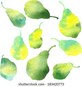 set of green pears painted by watercolor, hand drawn vector illustration
