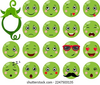 Set of a green peas with different expressions
