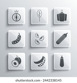 Set Green peas, Eggplant, Fresh cucumber, Tomato, Plum fruit,  and Bell pepper icon. Vector