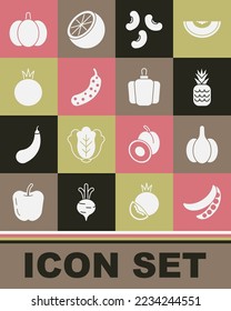 Set Green peas, Garlic, Pineapple, Beans, Fresh cucumber, Tomato, Pumpkin and Bell pepper icon. Vector
