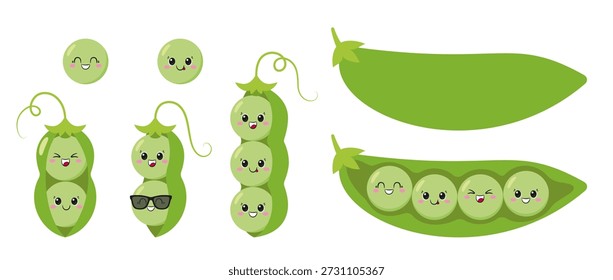 Conjunto de ervilhas verdes, uma vagem de ervilha verde, personagem de desenho animado bonito e divertido, vegetais saborosos e saudáveis, olhos grandes, emoções alegria, rosto sorridente feliz, estilo kawaii, ilustração infantil vetorial ícone.
