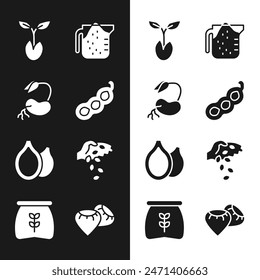 Set Green peas, Sprout, Measuring cup, Pumpkin seeds, Seed,  and Bag of flour icon. Vector